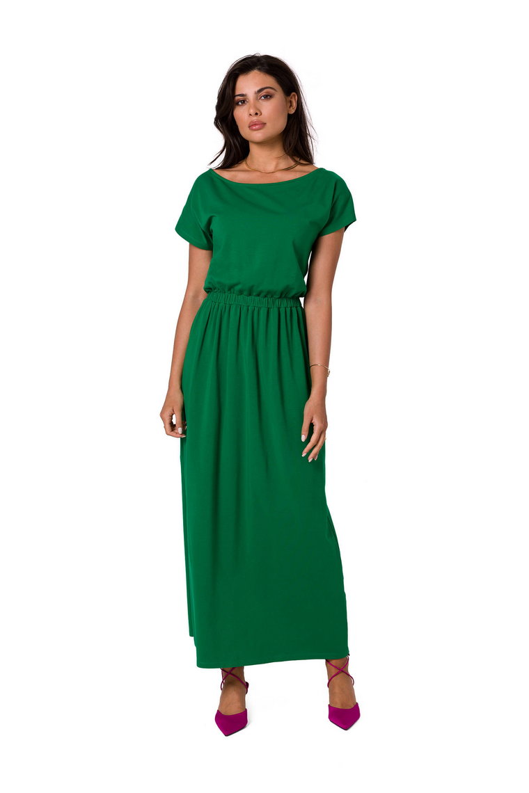 Długa sukienka bawełniana z gumą w pasie zielona