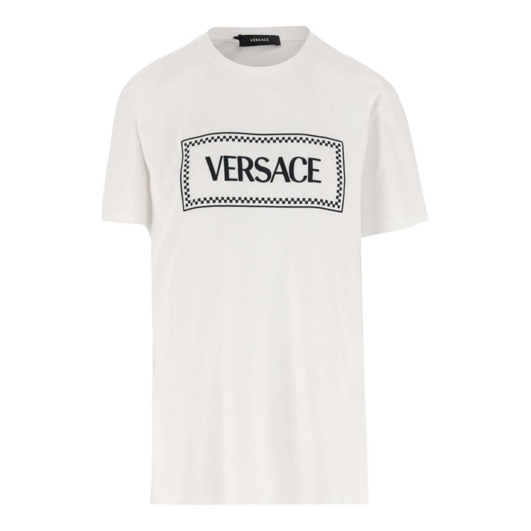 Koszulka z Kontrastującym Nadrukiem na Okrągłym Dekolcie Versace