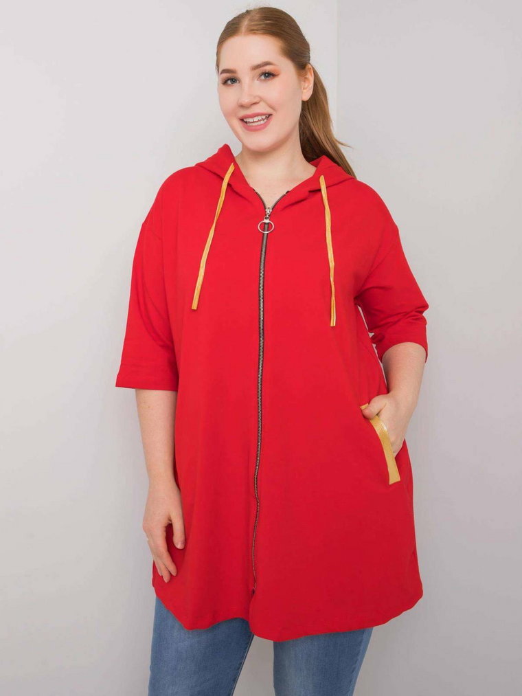 Bluza plus size czerwony casual z kapturem rozpinane dekolt okrągły rękaw krótki zamek