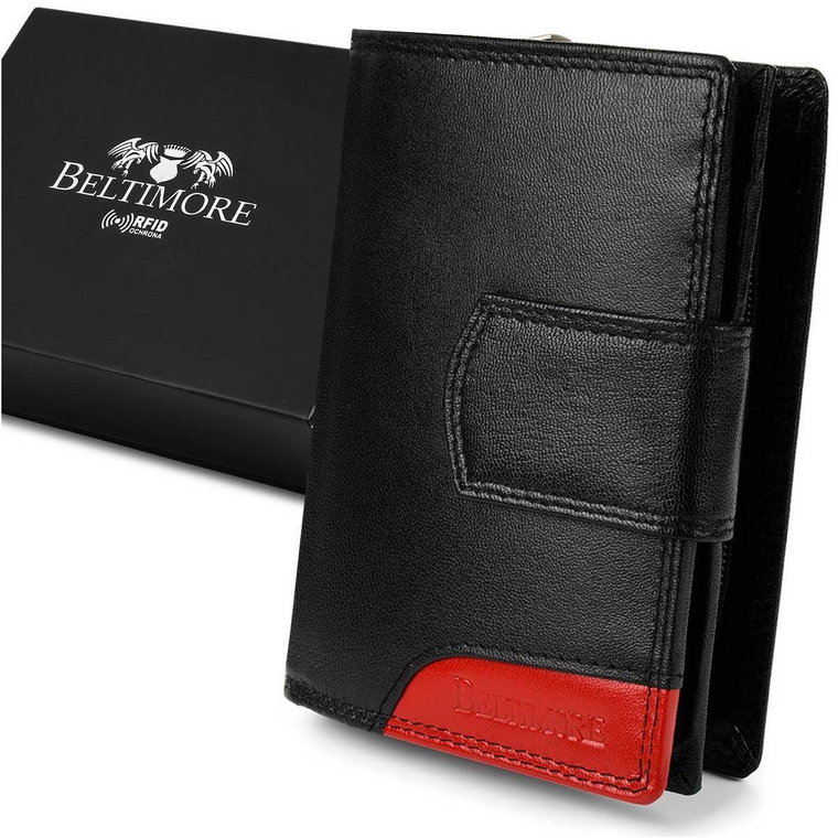 Damski skórzany portfel duży pionowy RFiD czarny BELTIMORE czarny
