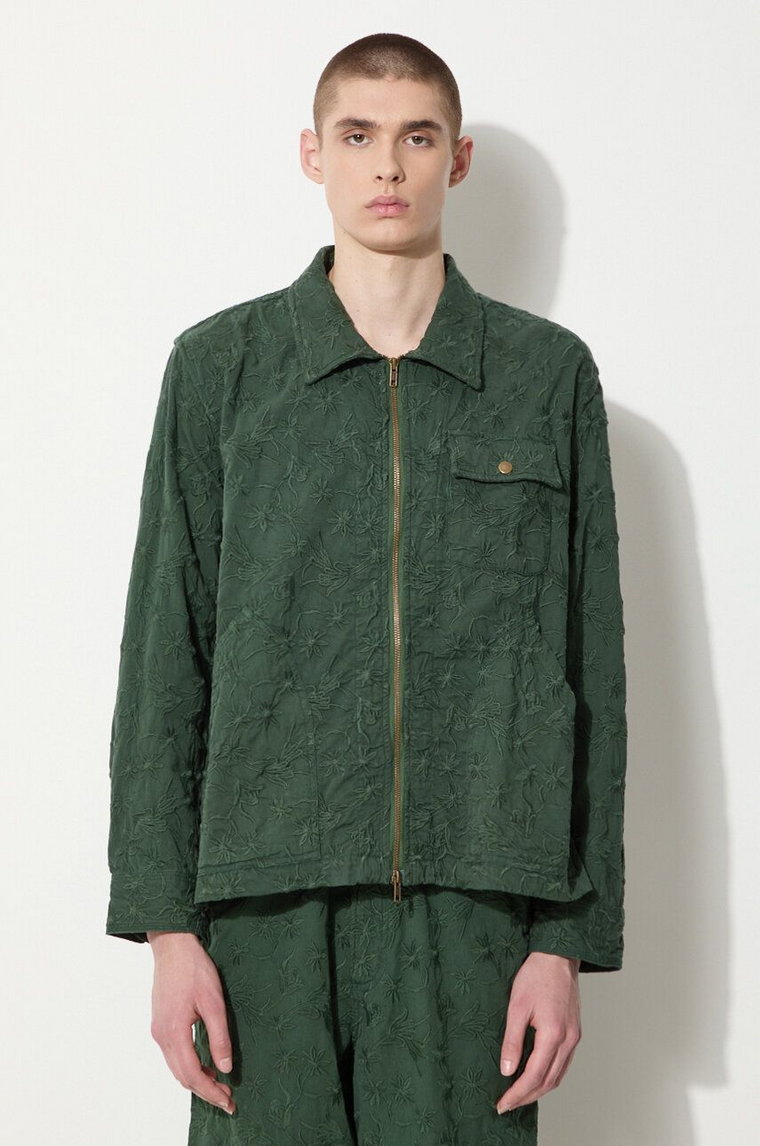 Corridor kurtka bawełniana Floral Embroidered Zip Jacket kolor zielony przejściowa oversize JKT0019