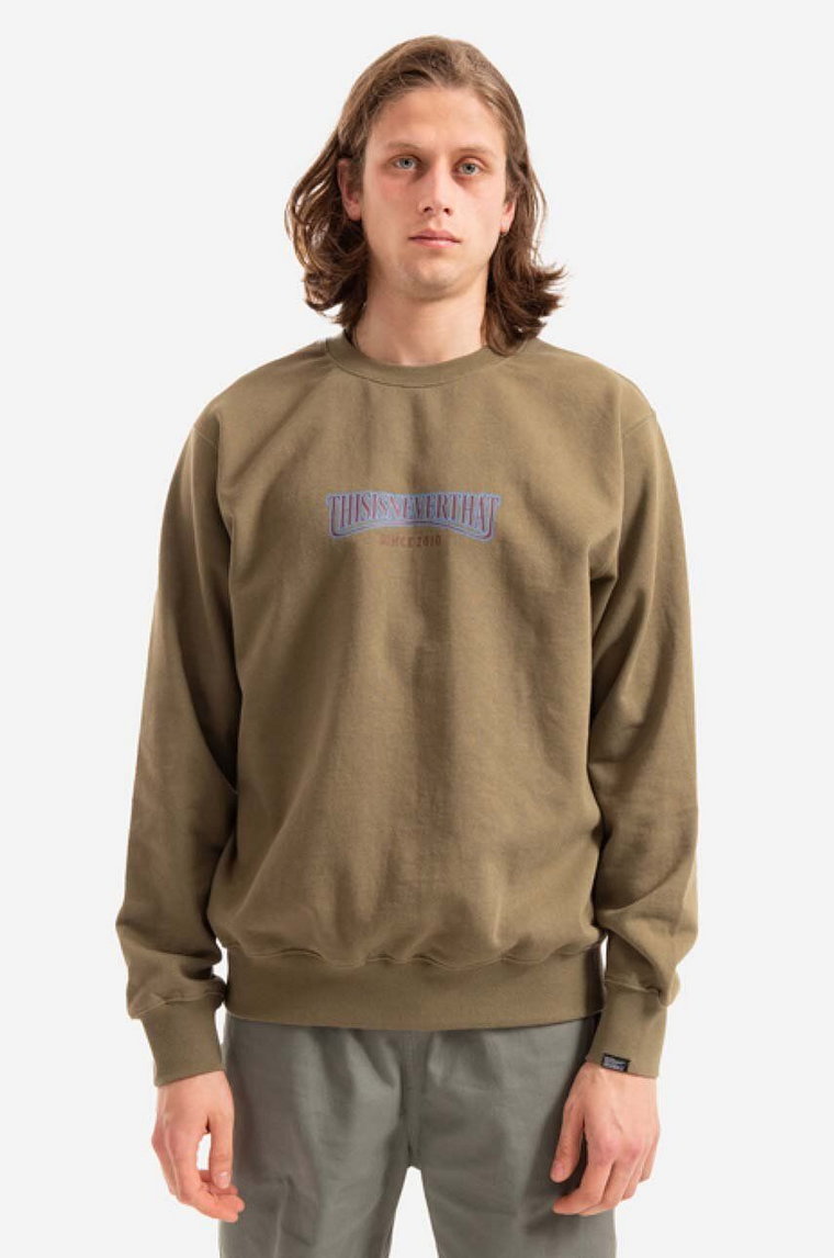 thisisneverthat bluza bawełniana Low Arch Crewneck męska kolor zielony z nadrukiem TN221TSWCW01-OLIVE