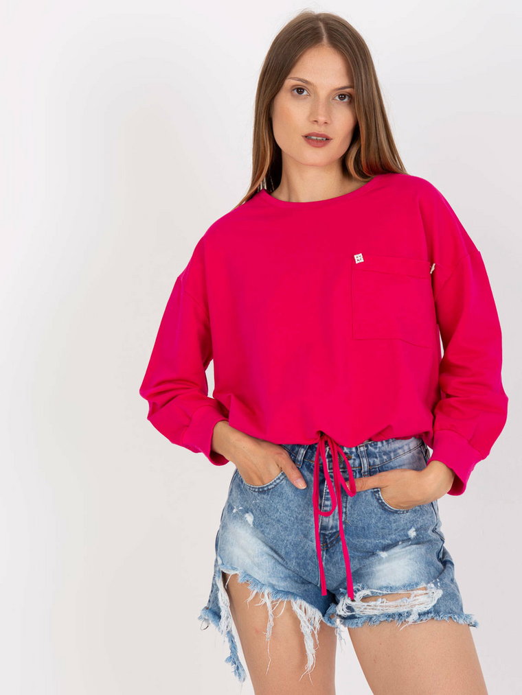 Bluza bez kaptura fuksjowy casual dekolt okrągły rękaw długi długość krótka cyrkonie