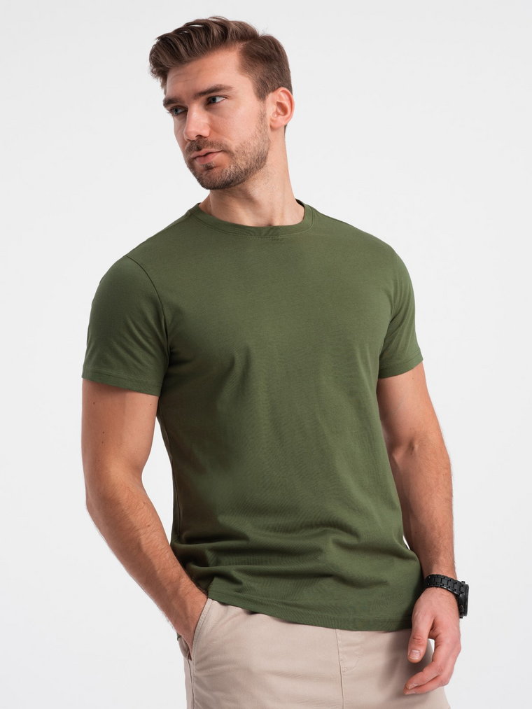 Klasyczny T-shirt męski bawełniany BASIC - oliwkowy V4 OM-TSBS-0146