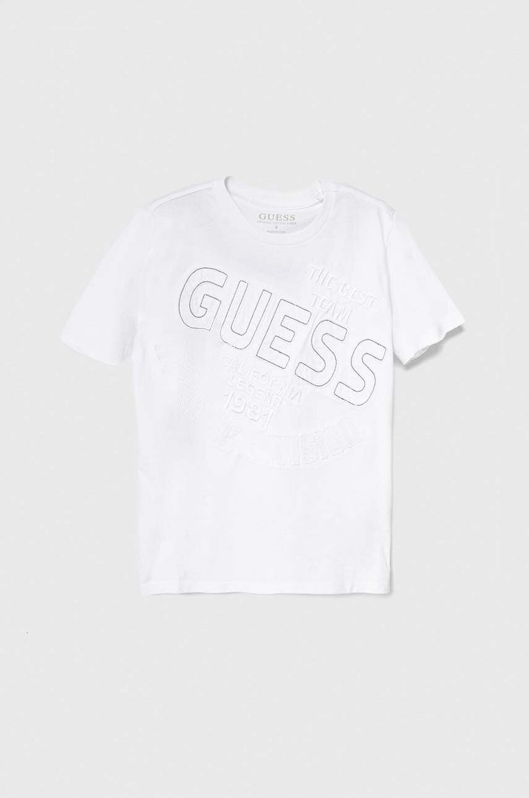 Guess t-shirt bawełniany dziecięcy kolor biały z aplikacją