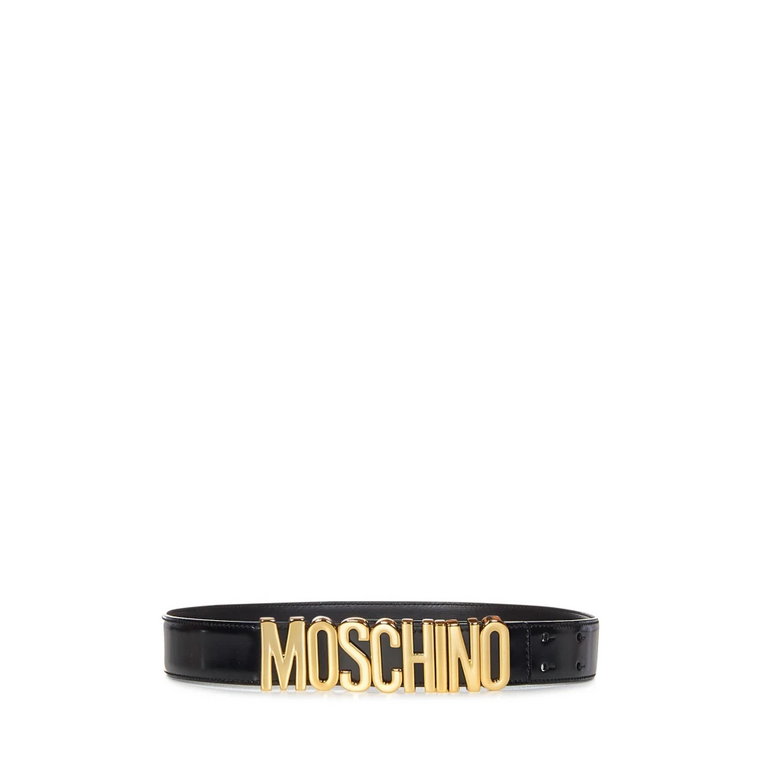 Elegancki czarny pasek skÃrzany z logo w kolorze zÅota Moschino