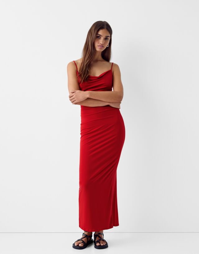 Bershka Długa Sukienka Na Ramiączkach Z Drapowaniem Kobieta Xs Czerwony