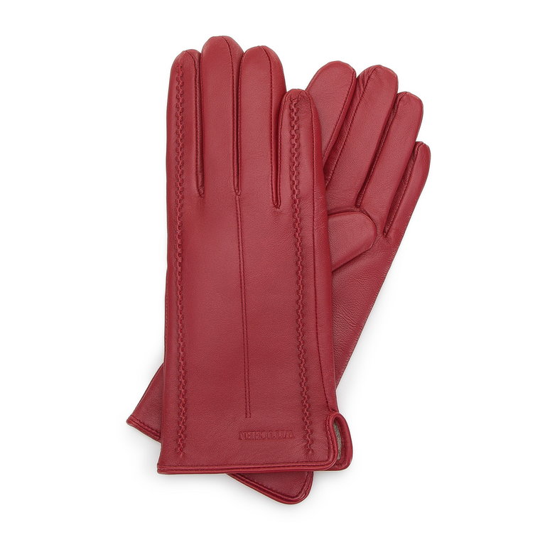 Damskie rękawiczki skórzane z fantazyjnymi szwami czerwone
