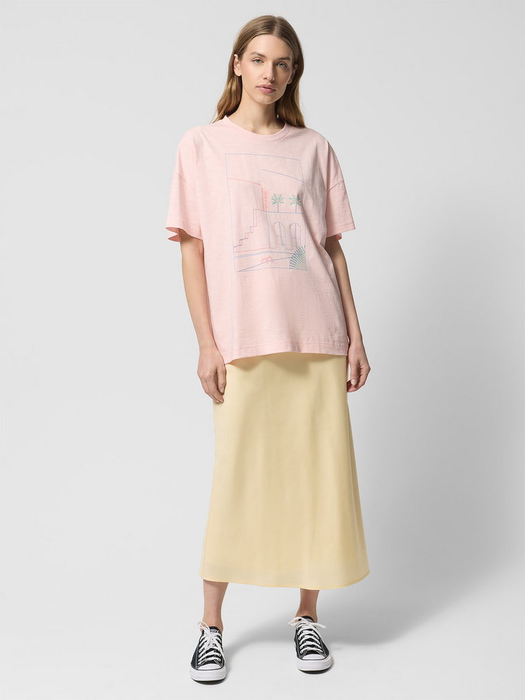 T-shirt oversize z nadrukiem damski Outhorn - łososiowy