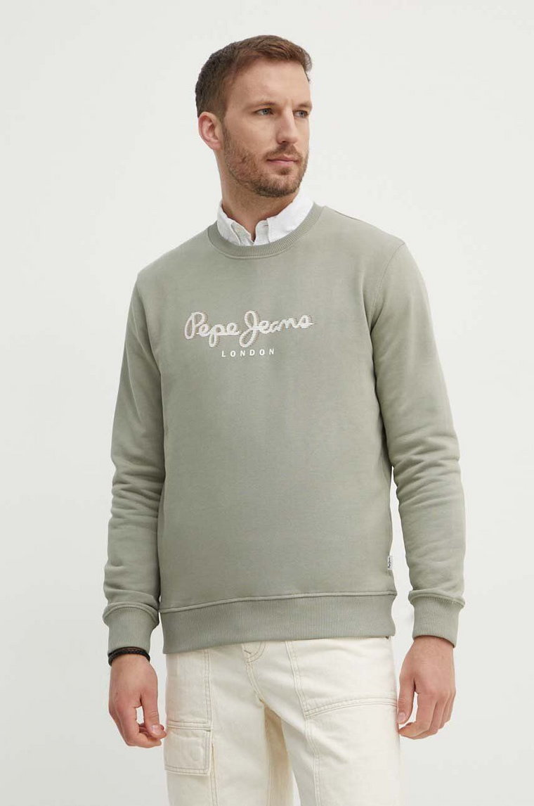 Pepe Jeans bluza bawełniana SAUL CREW męska kolor zielony z nadrukiem PM582702