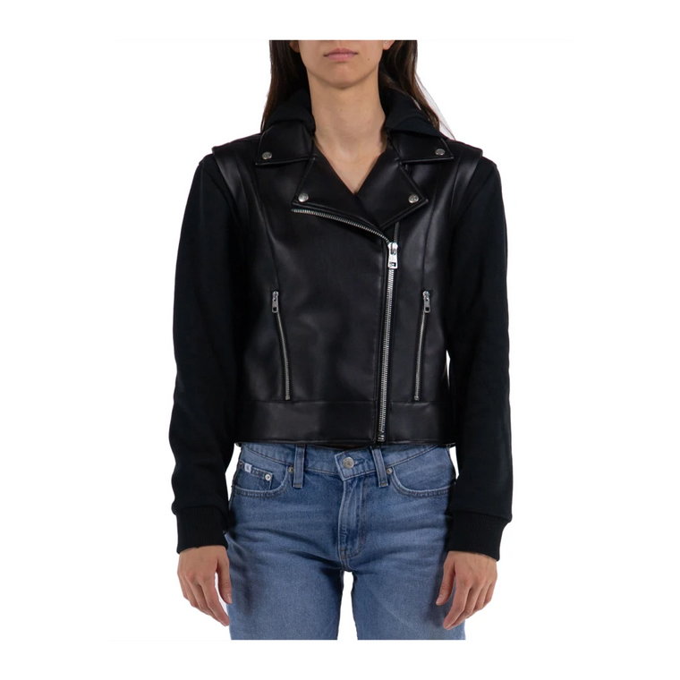 Czarna kurtka z ekoskóry z kapturem i rękawami od bluzy Calvin Klein Jeans
