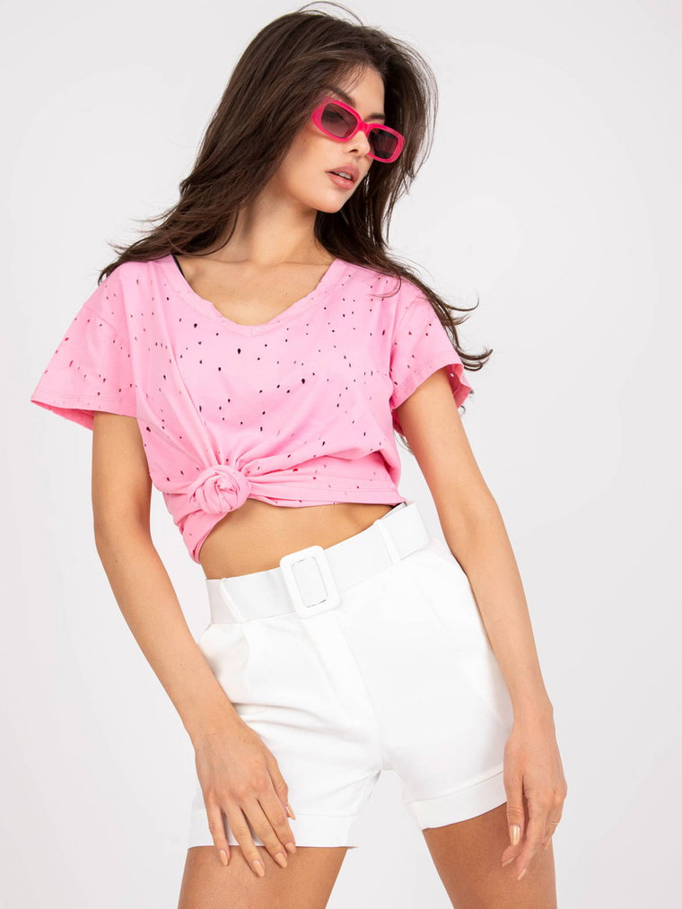 T-shirt jednokolorowy różowy casual dekolt w kształcie V rękaw krótki dziury