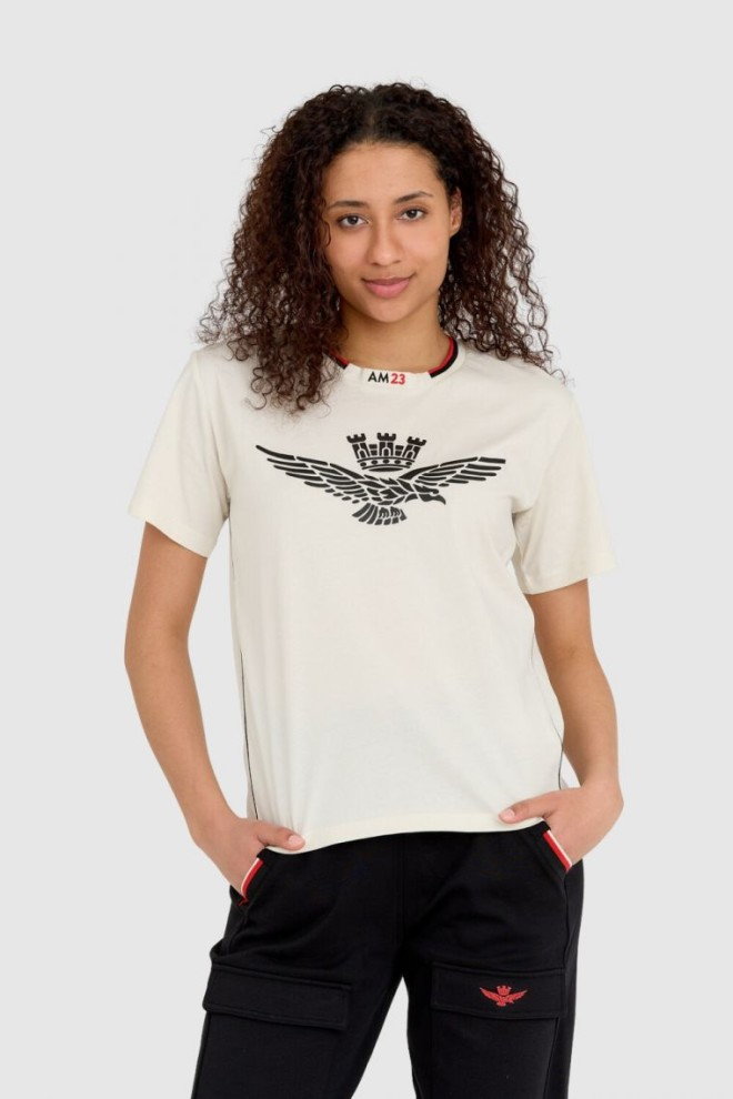 AERONAUTICA MILITARE Kremowy luźny t-shirt damski z wypukłym orłem Comfort Fit