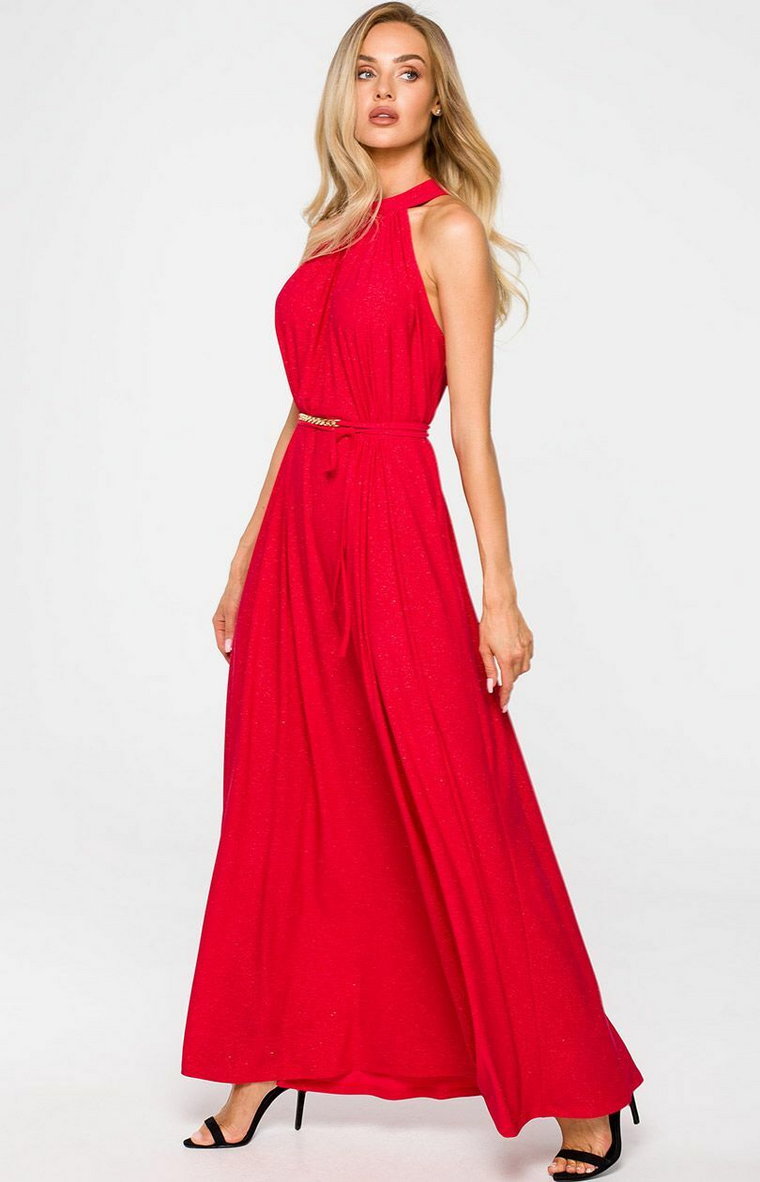 Suknia maxi z dekoltem typu halter w kolorze czerwonym M721, Kolor czerwony, Rozmiar uniwersalny, MOE