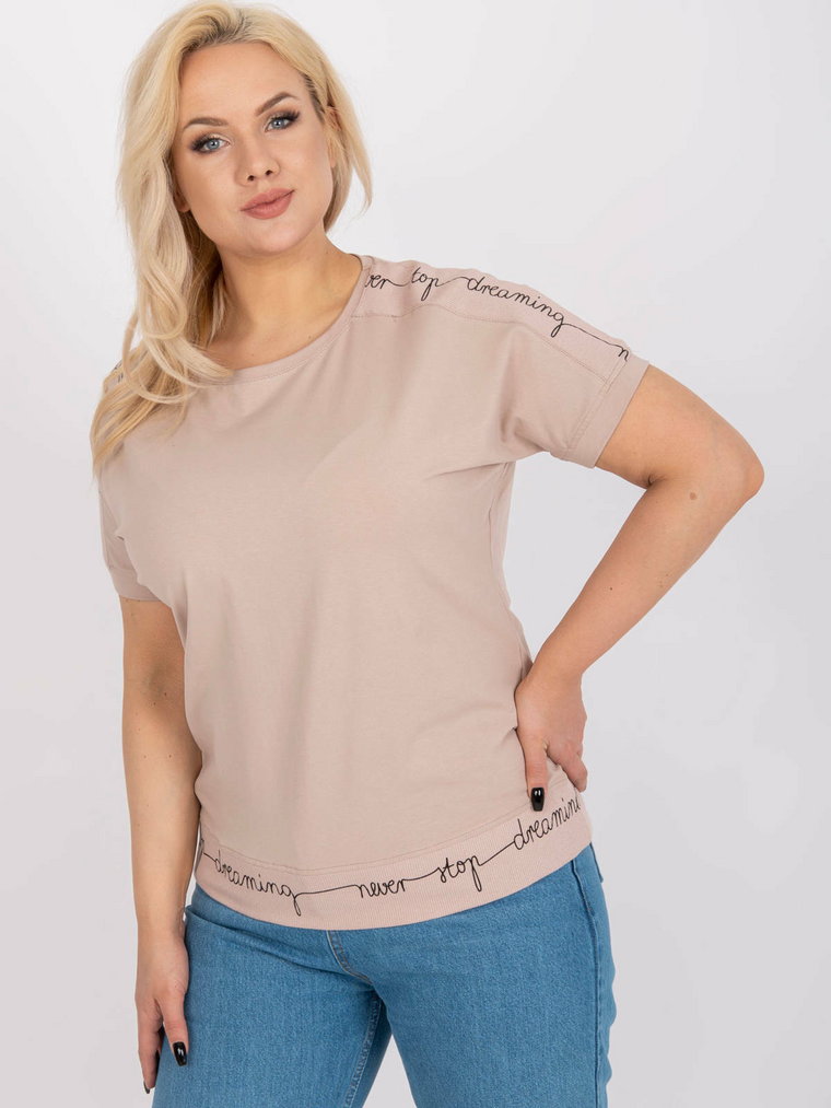 Bluzka plus size beżowy casual codzienna dekolt okrągły rękaw krótki print (nadruk)