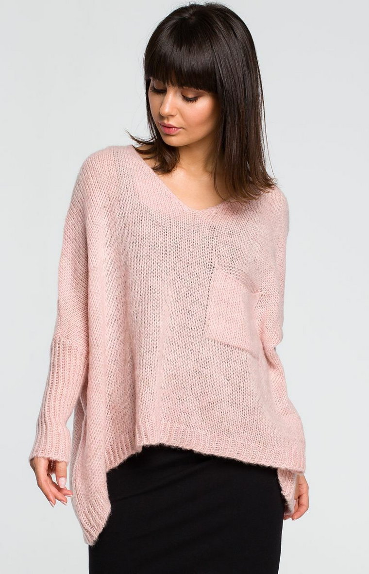 Sweter z kieszenią BK018, Kolor róż pastelowy, Rozmiar one size, BE Knit