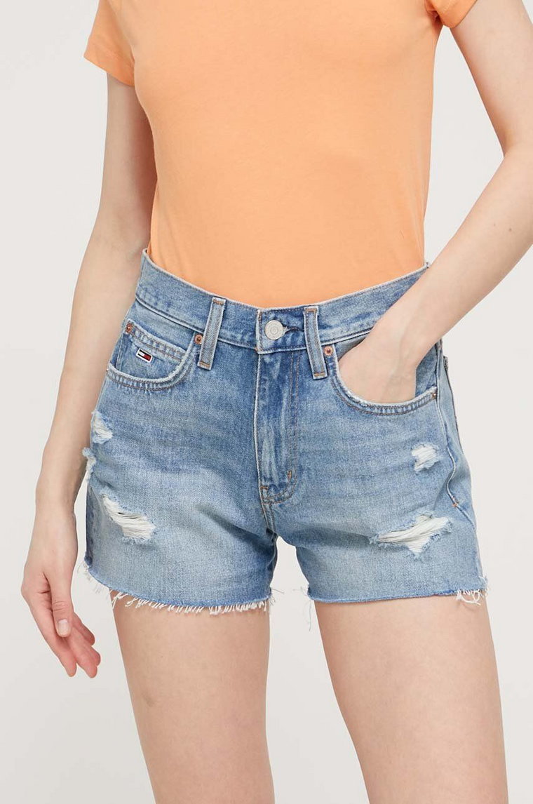 Tommy Jeans szorty jeansowe damskie kolor niebieski gładkie high waist DW0DW17640