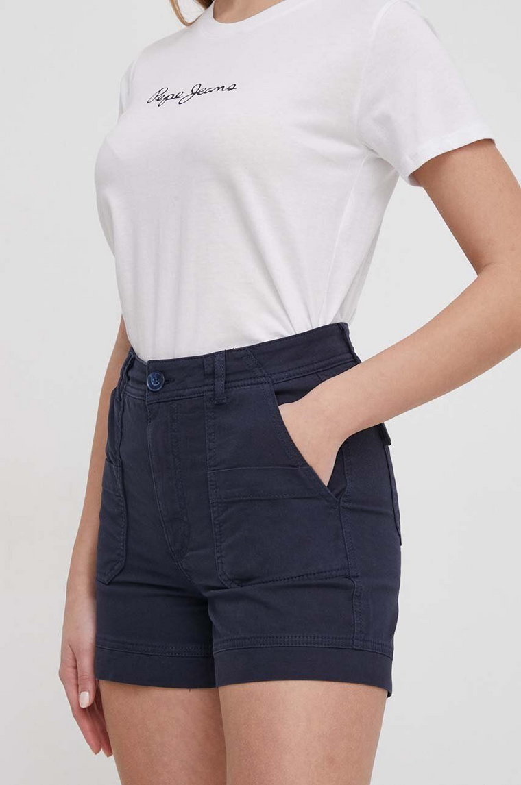 Pepe Jeans szorty damskie kolor granatowy gładkie high waist