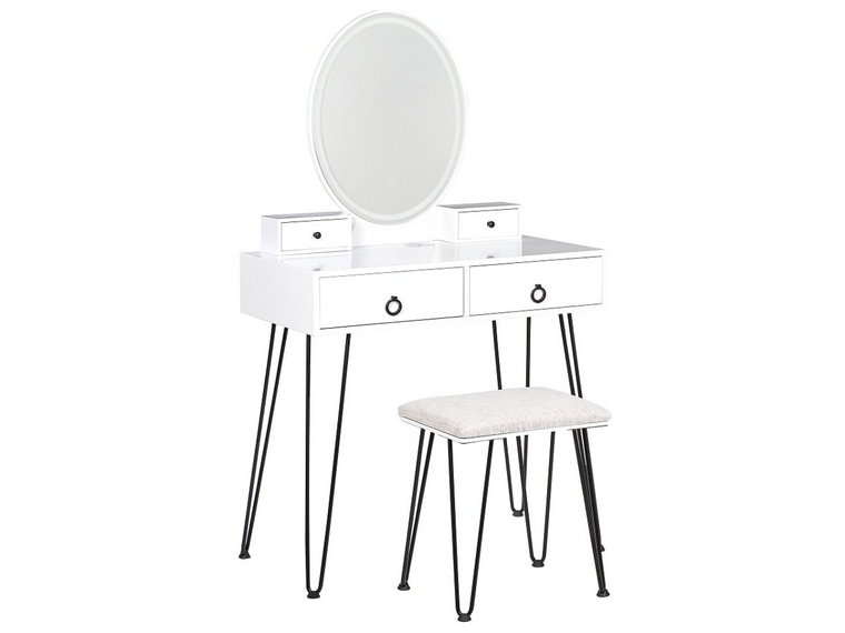 Toaletka 4 szuflady lustro LED ze stołkiem biało-czarna SOYE