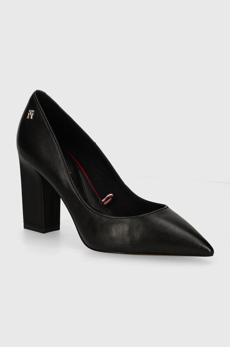 Tommy Hilfiger czółenka skórzane BLOCK HEEL POINTED PUMP LEATHER kolor czarny na słupku FW0FW08149