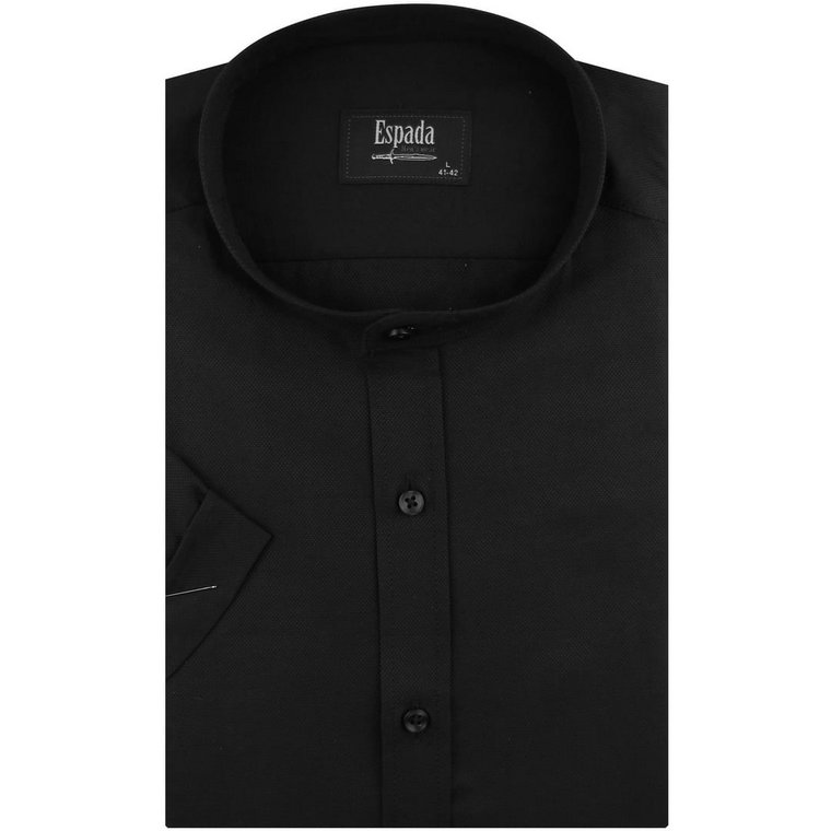Koszula Męska Codzienna ze stójką bawełna oxford gładka czarna z krótkim rękawem w kroju SLIM FIT Espada Men's Wear P258