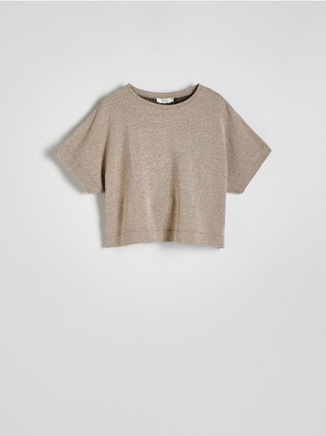 Reserved - T-shirt z metalizowaną nicią - brązowy