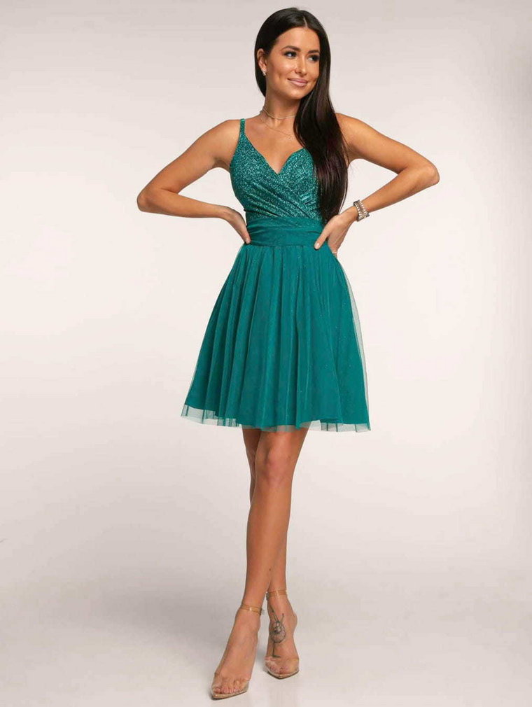 Sukienka zielona z tiulem rozkloszowana mini na ramiączkach z tiulowym paskiem polska produkcja Balerina4