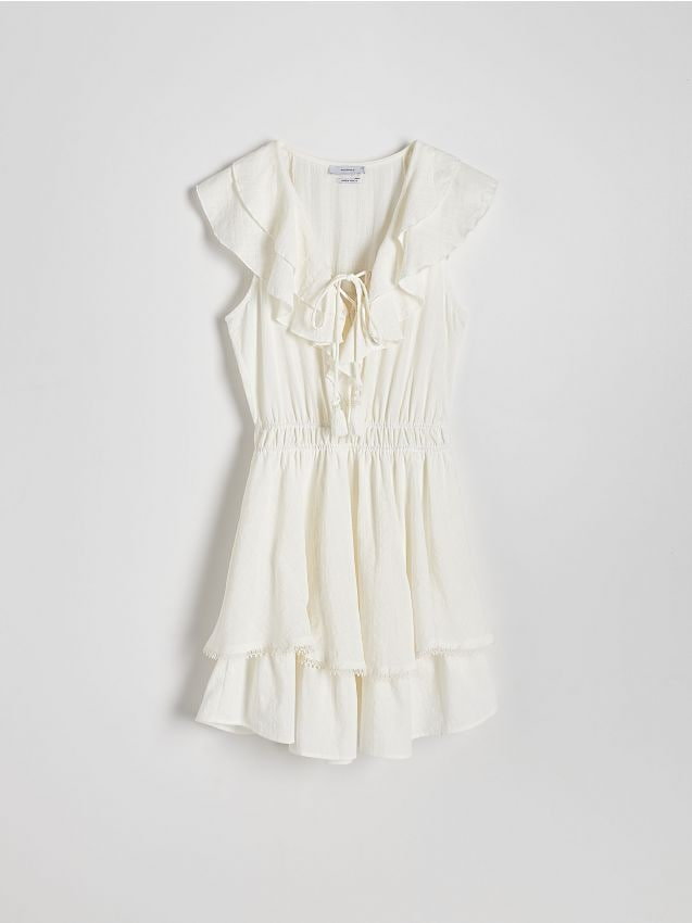 Reserved - Sukienka mini z falbanami - złamana biel