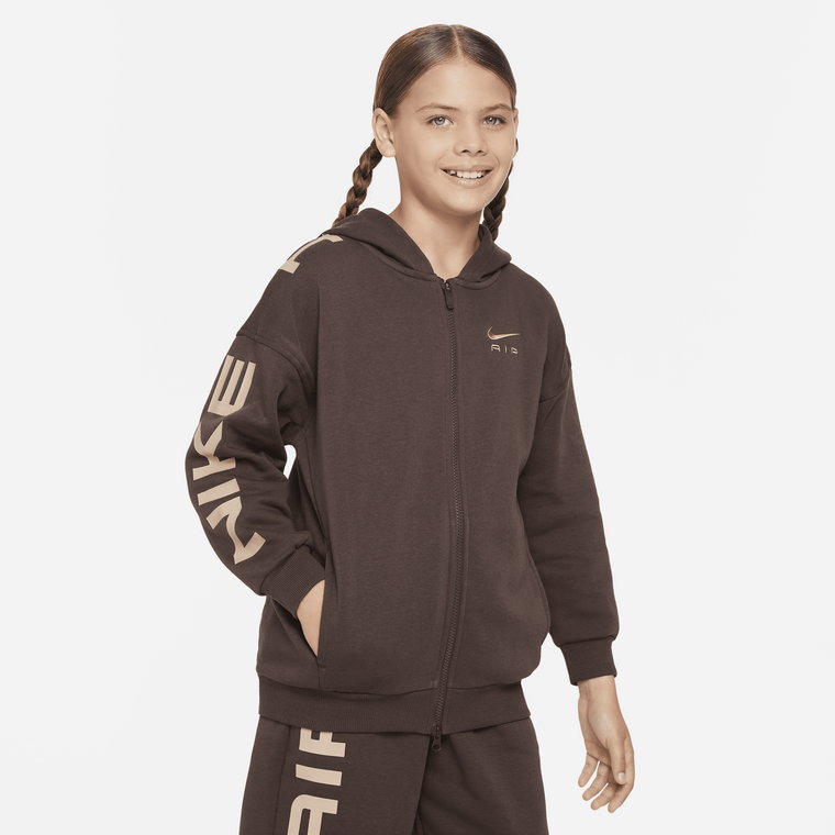 Bluza z kapturem i zamkiem na całej długości o kroju oversize dla dużych dzieci (dziewcząt) Nike Air Club Fleece - Brązowy