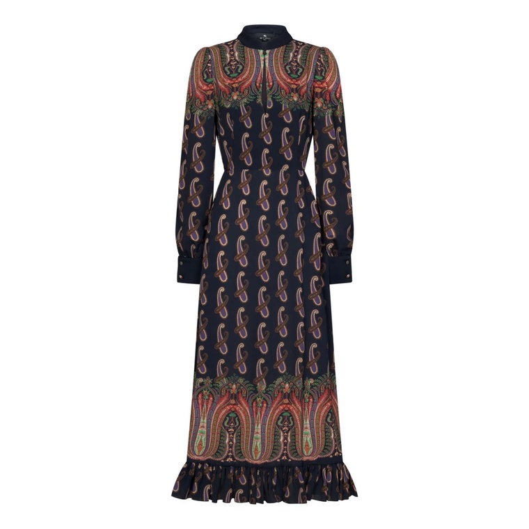 Czarna Sukienka z Paisleyowym Wzorem i Kołnierzykiem Mandarin Etro