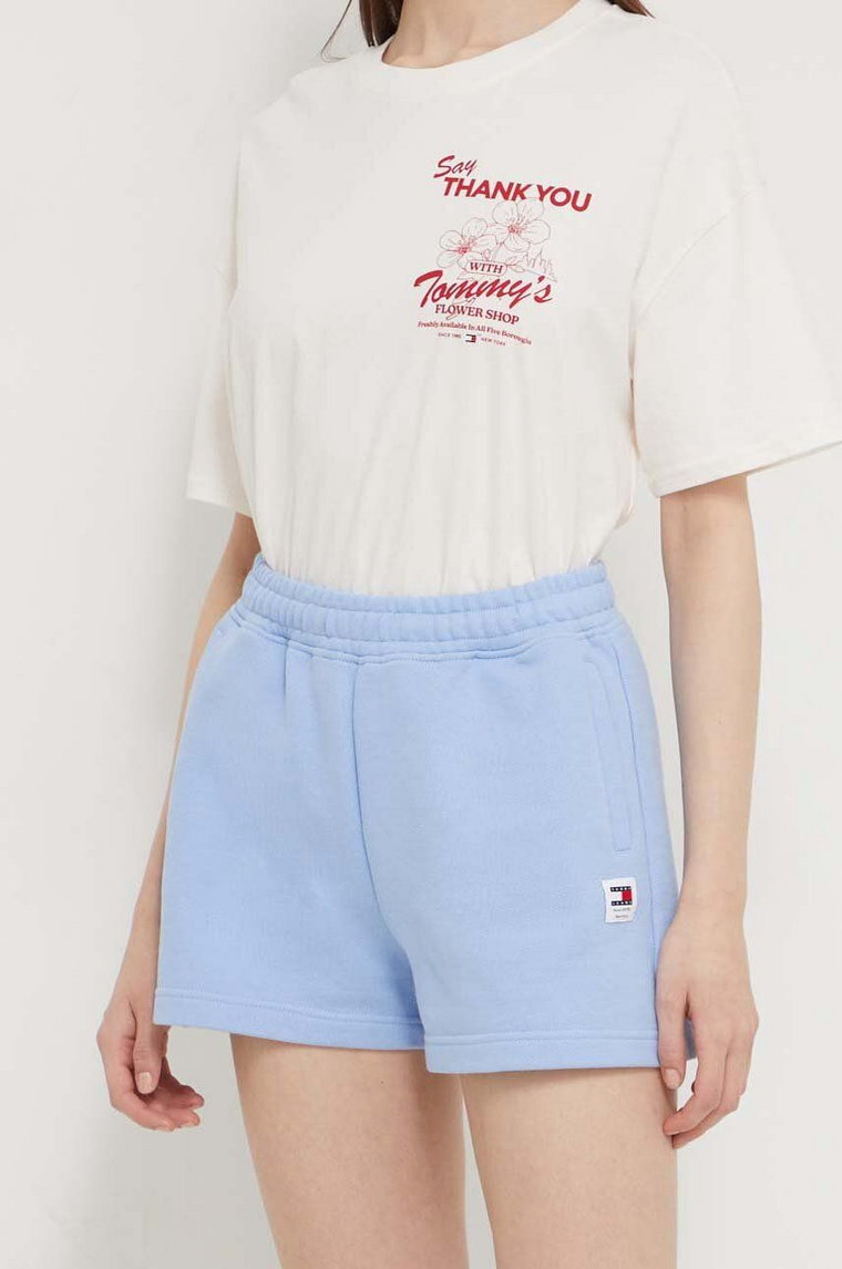 Tommy Jeans szorty bawełniane kolor niebieski gładkie high waist