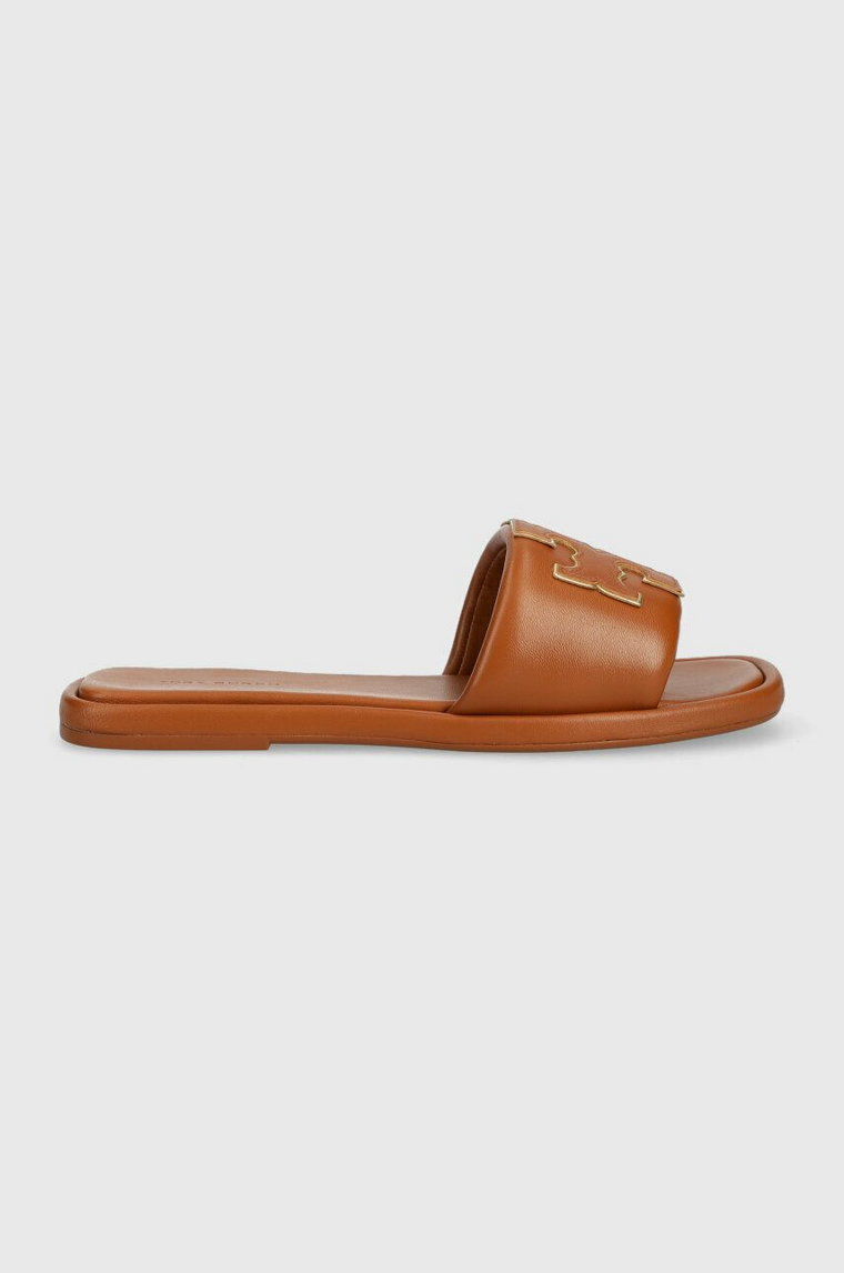 Tory Burch klapki skórzane Double T Sport Slide damskie kolor brązowy 79985-202