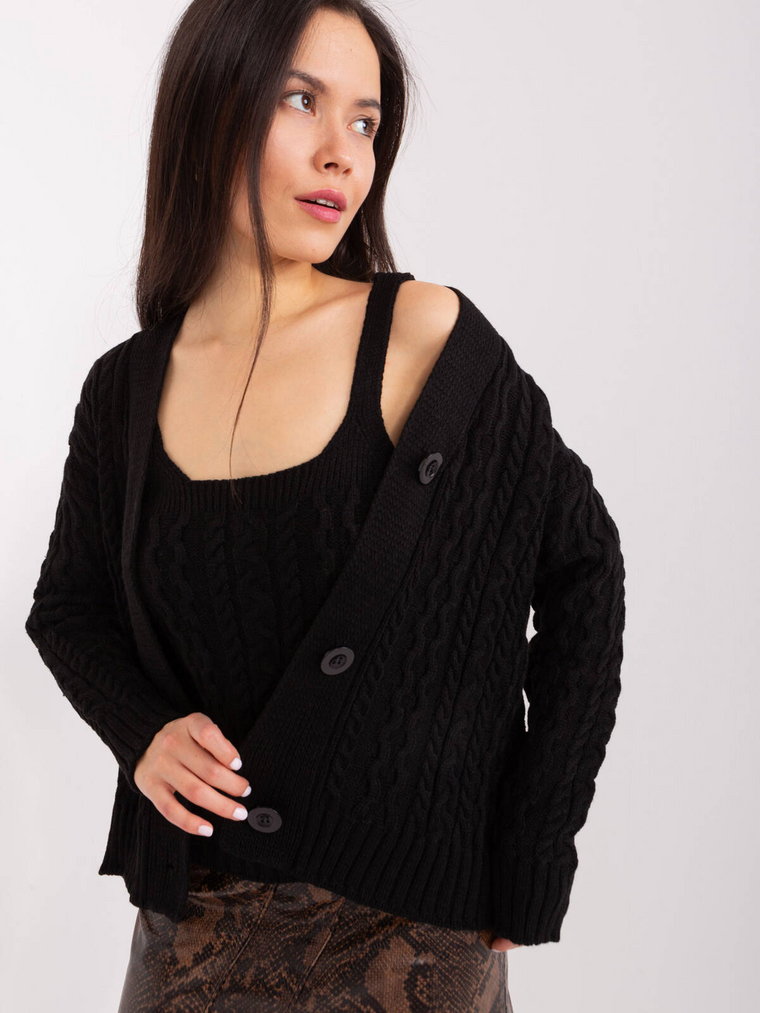 Komplet rozpinany czarny sweter i top dekolt kwadratowy w kształcie V rękaw na ramiączkach