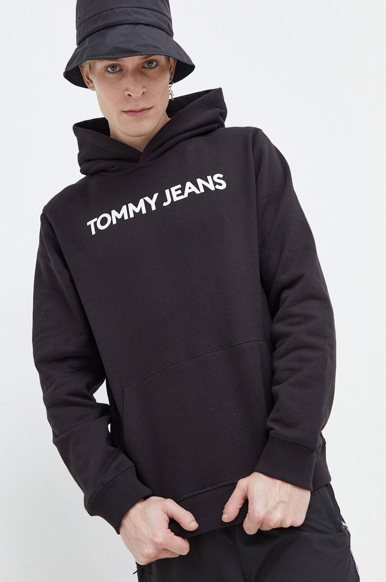 Tommy Jeans bluza bawełniana męska kolor czarny z kapturem z nadrukiem