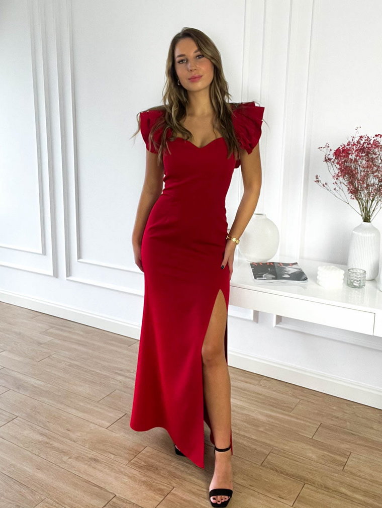 Sukienka Carmen czerwona długa dopasowana z rozcięciem maxi wieczorowa