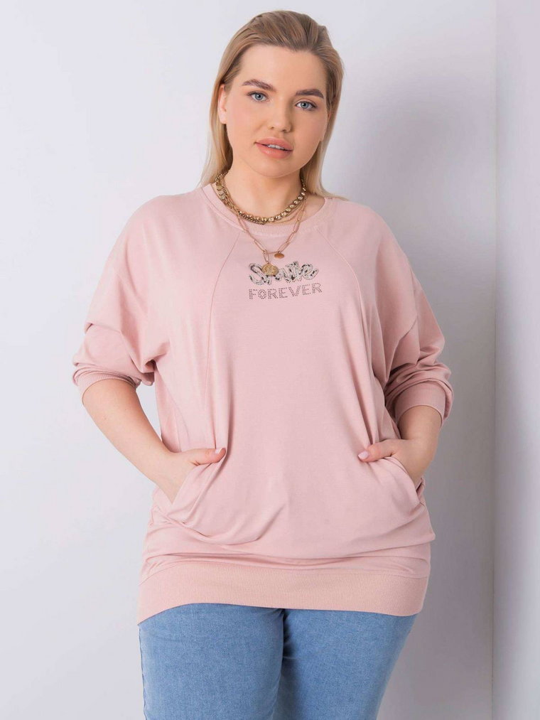 Bluzka plus size jasny różowy casual dekolt okrągły rękaw długi