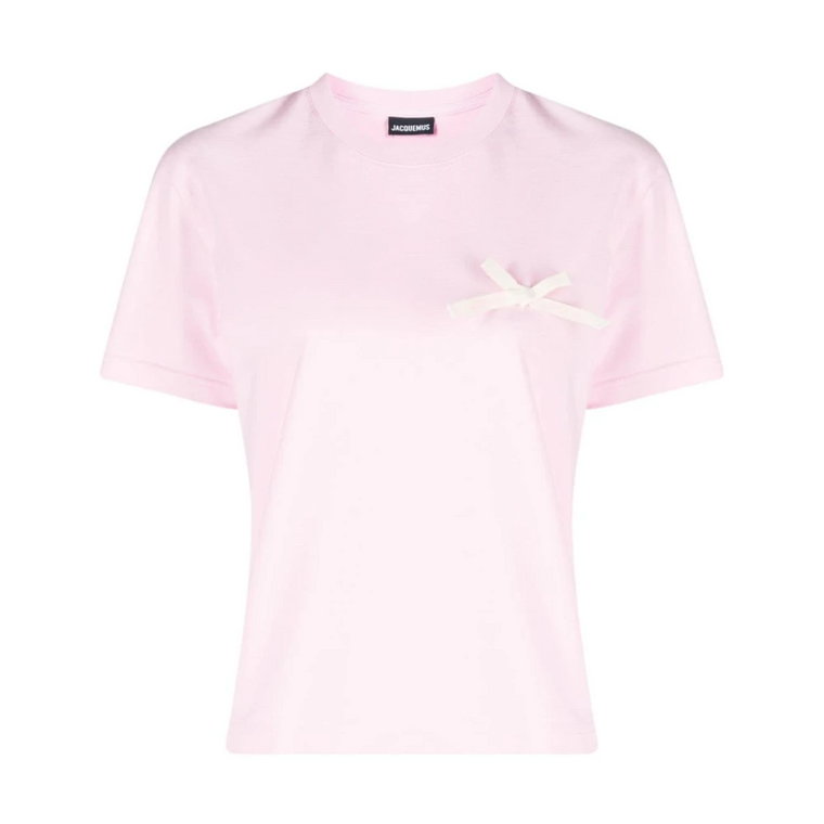 Bubblegum Różowa Bawełniana Koszulka z Wstążką z Logo Jacquemus