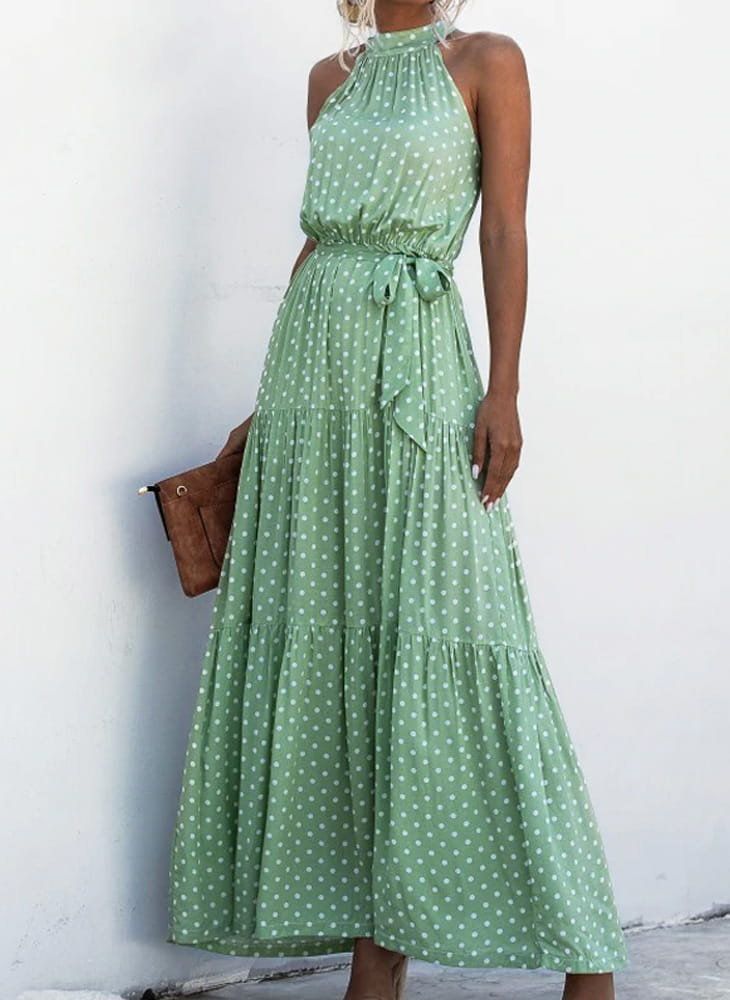 Sukienka maxi z dekoltem typu halter i wiązaniem w pasie z printem