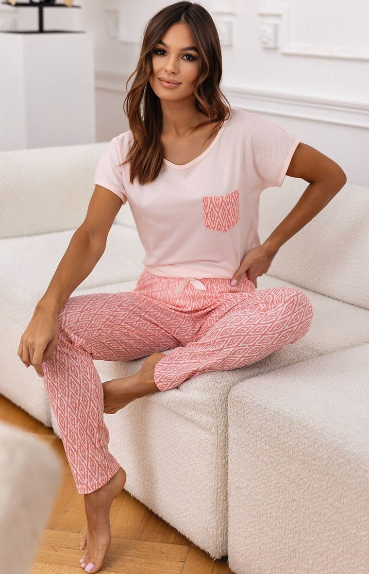 Bawełniana piżama damska Carlotta, Kolor różowy-wzór, Rozmiar S, SENSIS