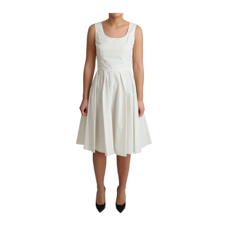 Biała sukienka A-line w białe kropki z bawełny Dolce & Gabbana