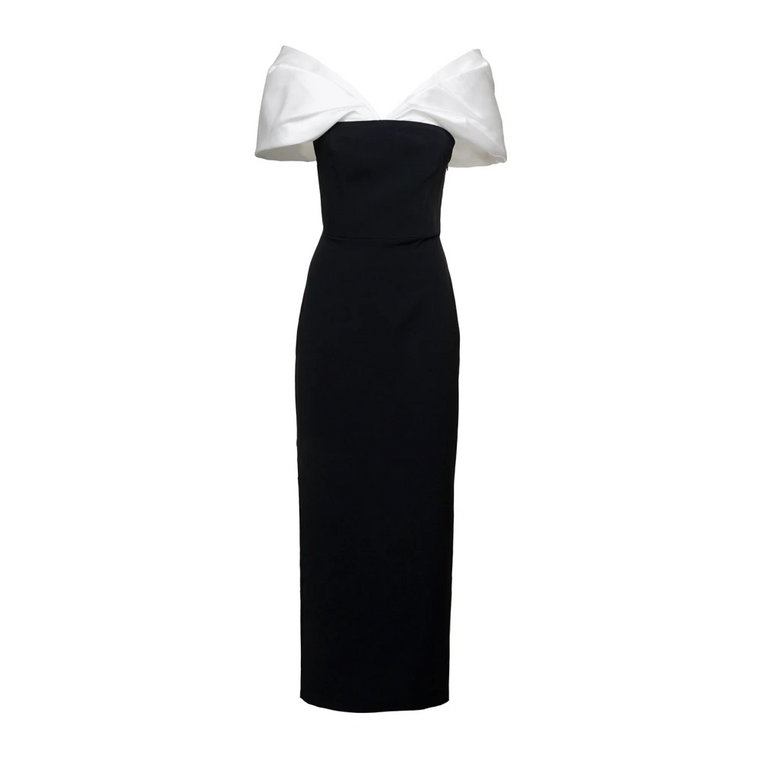 Czarna Sukienka Maxi z Odkrytymi Ramionami i Białymi Wstawami z Satyny Solace London