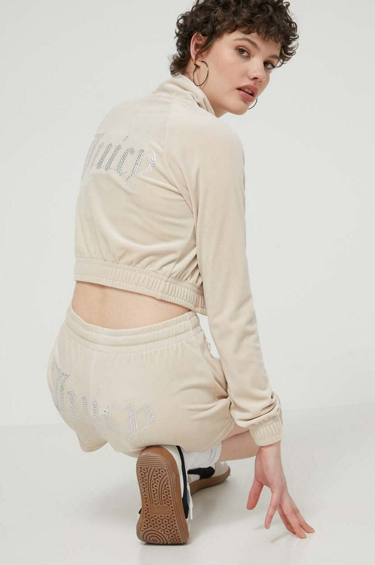 Juicy Couture bluza welurowa kolor beżowy z aplikacją
