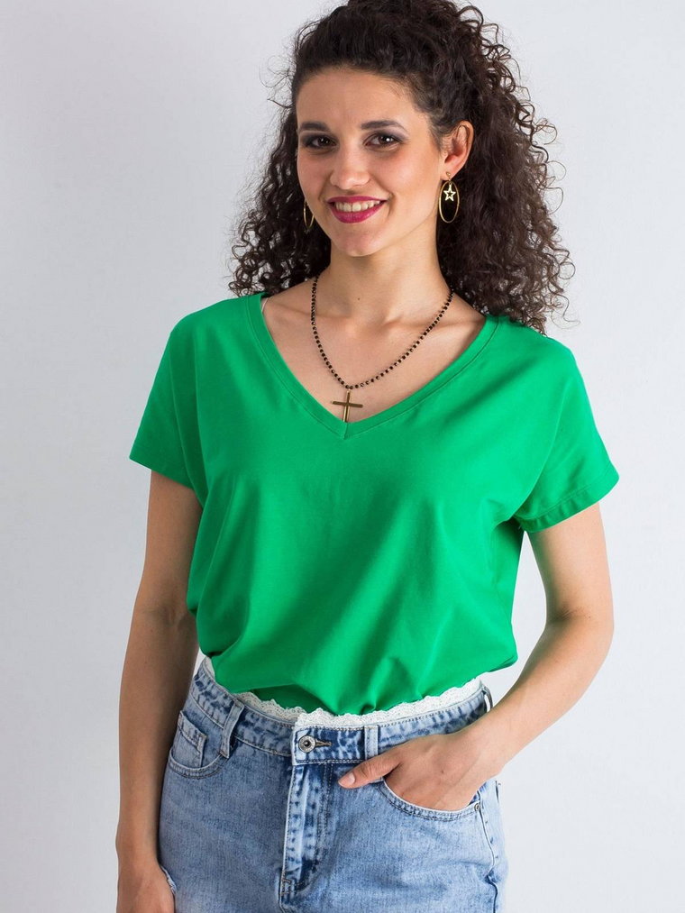T-shirt jednokolorowy zielony casual dekolt w kształcie V rękaw krótki