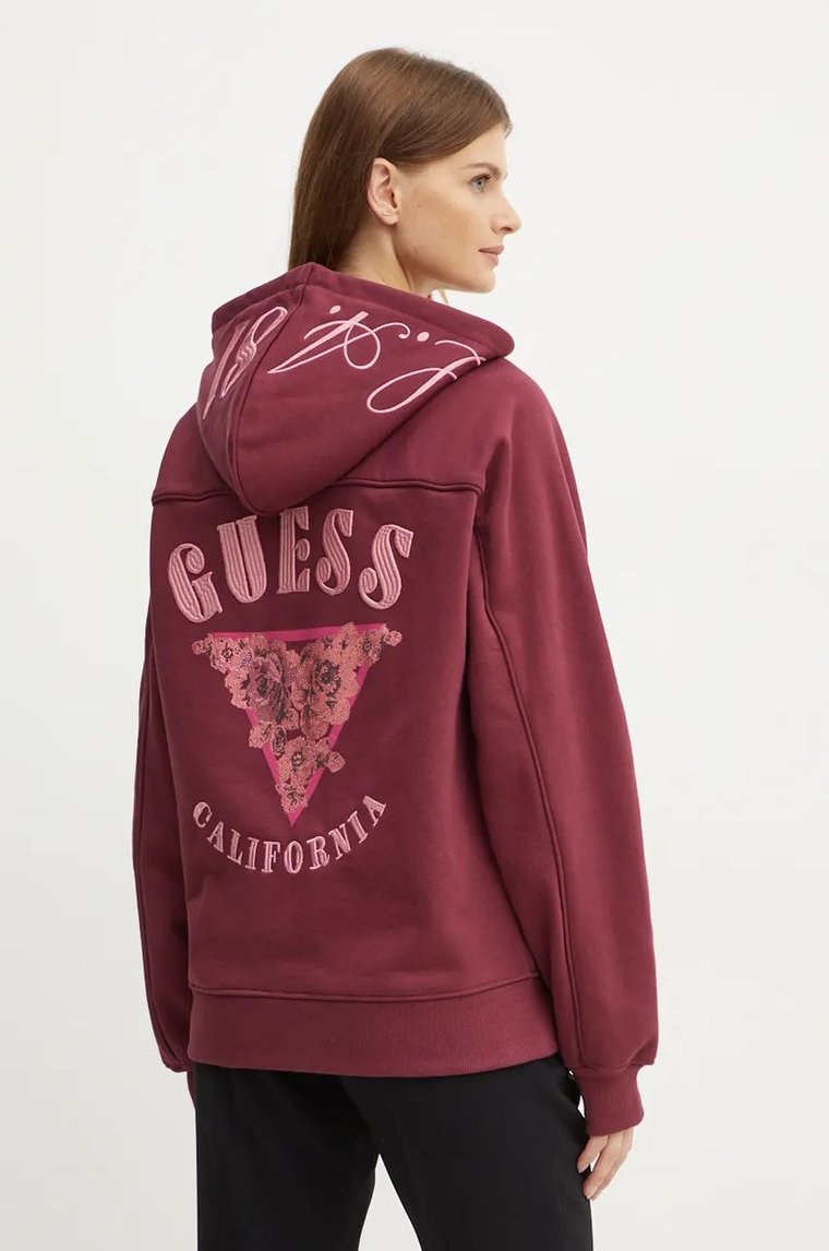 Guess bluza damska kolor bordowy z kapturem z aplikacją W4BQ05 KBY51