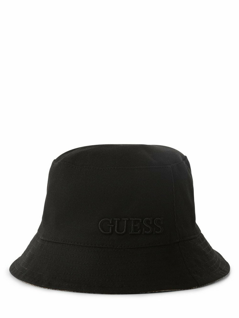 GUESS - Damski bucket hat z dwustronnym wzorem, beżowy|złoty|czarny