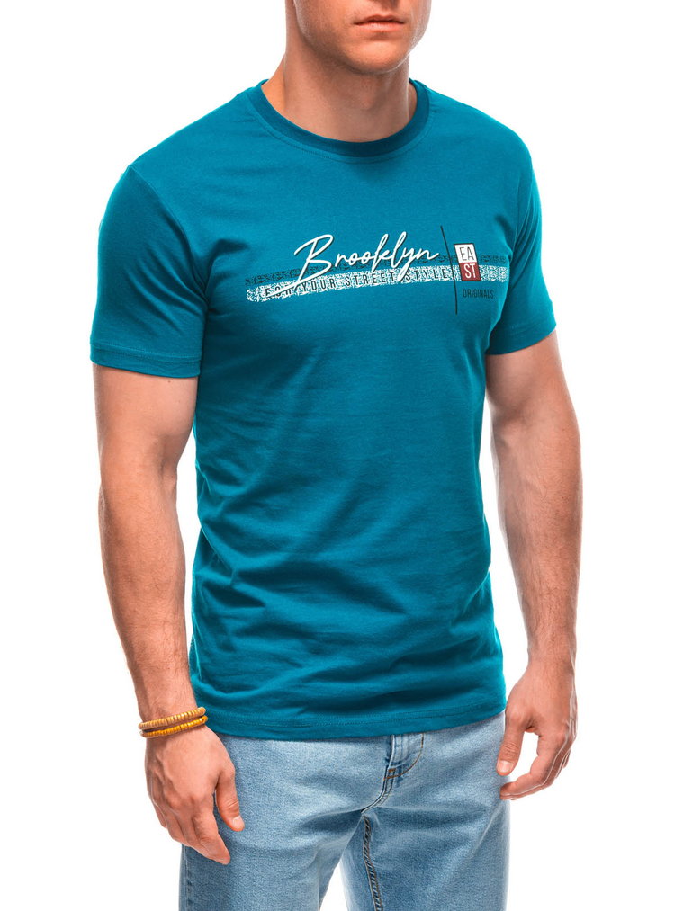 T-shirt męski z nadrukiem S1948 - turkusowy