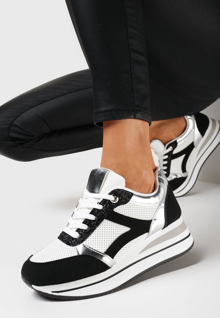 Biało-Czarne Sneakersy na Grubej Podeszwie z Błyszczącymi Wstawkami i Sznurowaniem Lirevasa