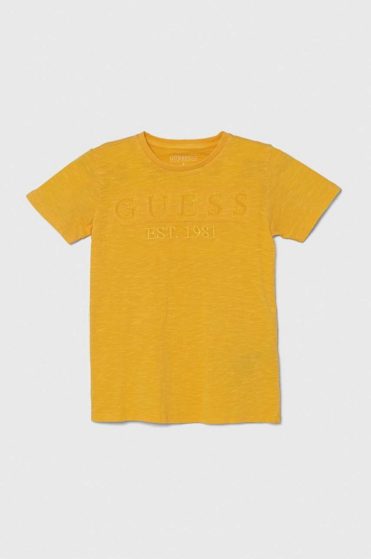 Guess t-shirt bawełniany dziecięcy kolor żółty z aplikacją