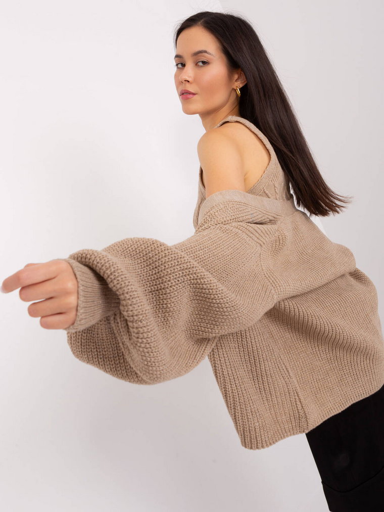 Komplet kardigan ciemny bezowy casual sweter i top dekolt kwadratowy rękaw długi bufiasty rękaw