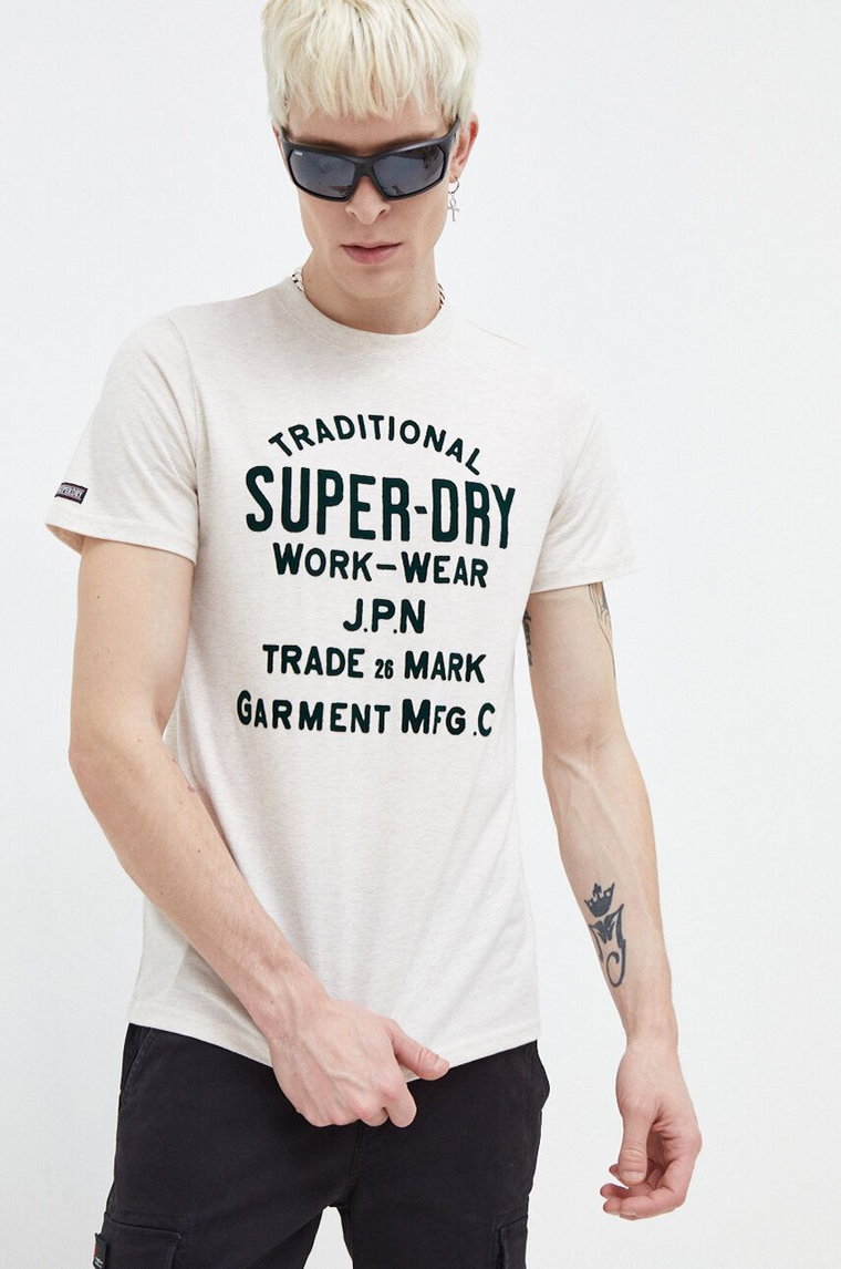 Superdry t-shirt męski kolor beżowy z nadrukiem